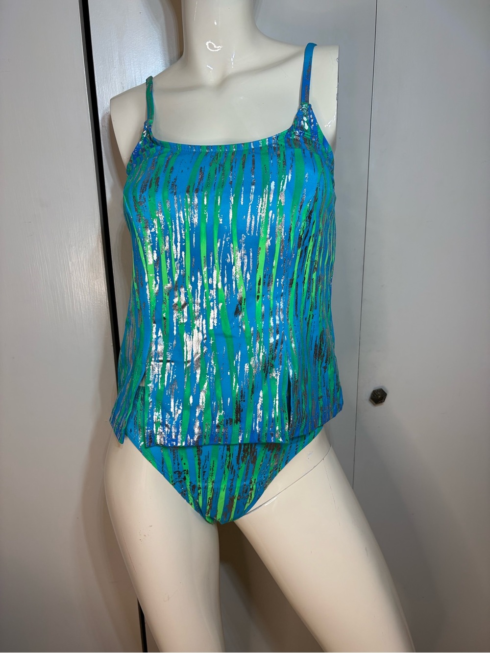 Carabella Vintage  Retro Blue-Green, Silver Metallic Stripe Tankini Swim Set